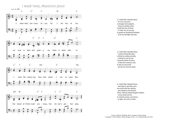 Hymn score of: I need thee, precious Jesus (Frederick Whitfield/Johannes Thomas Rüegg)