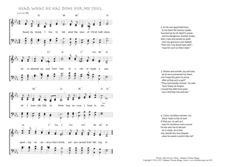 Hymn score of: Saved by blood, I live to tell - Hear what he has done for my soul (John Newton/Johannes Thomas Rüegg)
